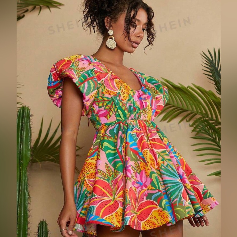 Farm Rio Vibes! Travachic Summer Beach Tropical Print Butterfly Sleeve Dress